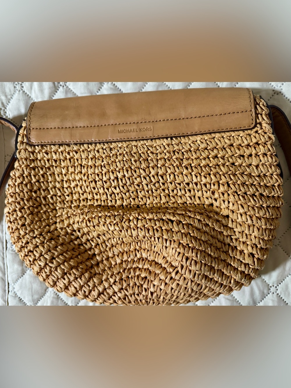Authentic Michael Kors Tan Straw Crossbody Bag with Leather Trim L 9” x W 6” - Picture 4 of 8